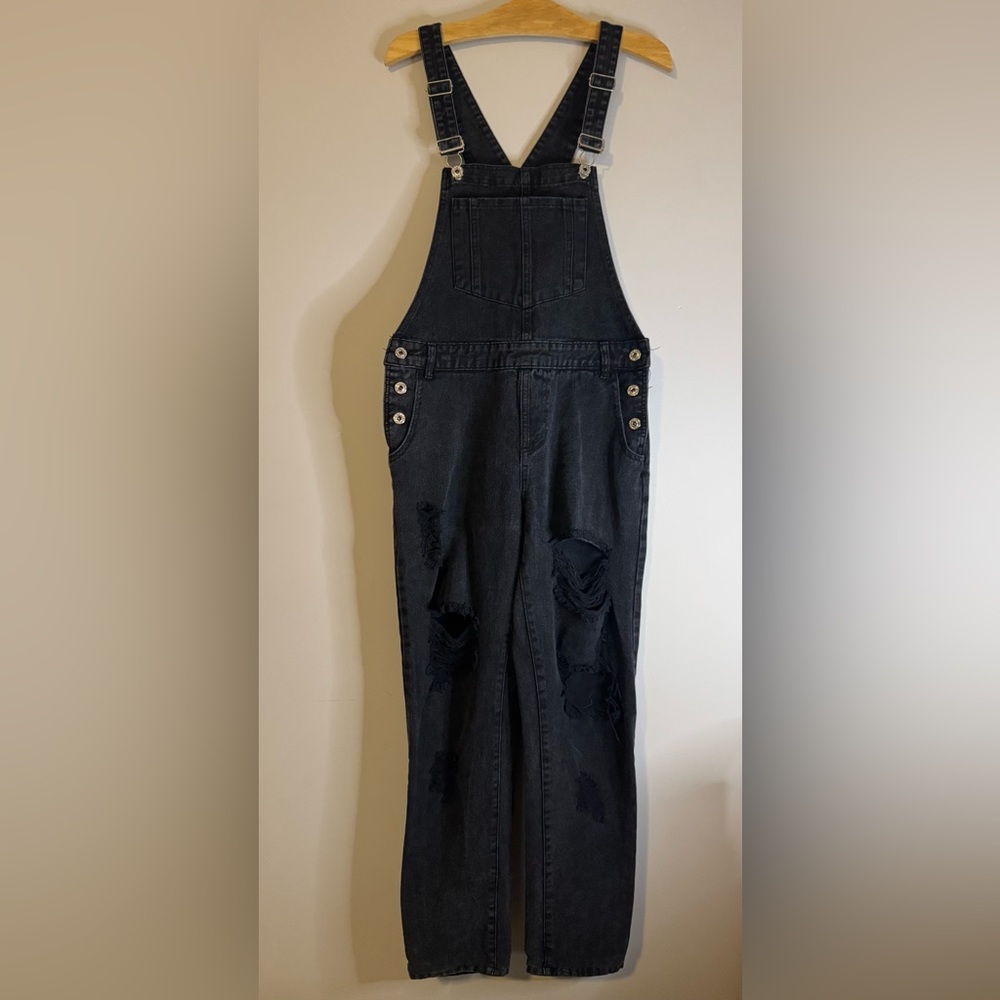Honey Punch Black Distressed Denim Overalls Y2K Grunge Festival Jumpsuit